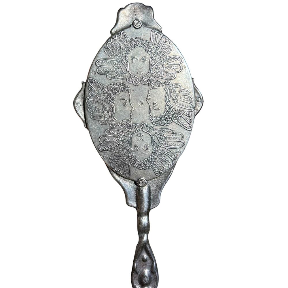 Antique / Vintage Hand Mirror Cherub Angel Design Silver Tone Unique Art Nouveau
